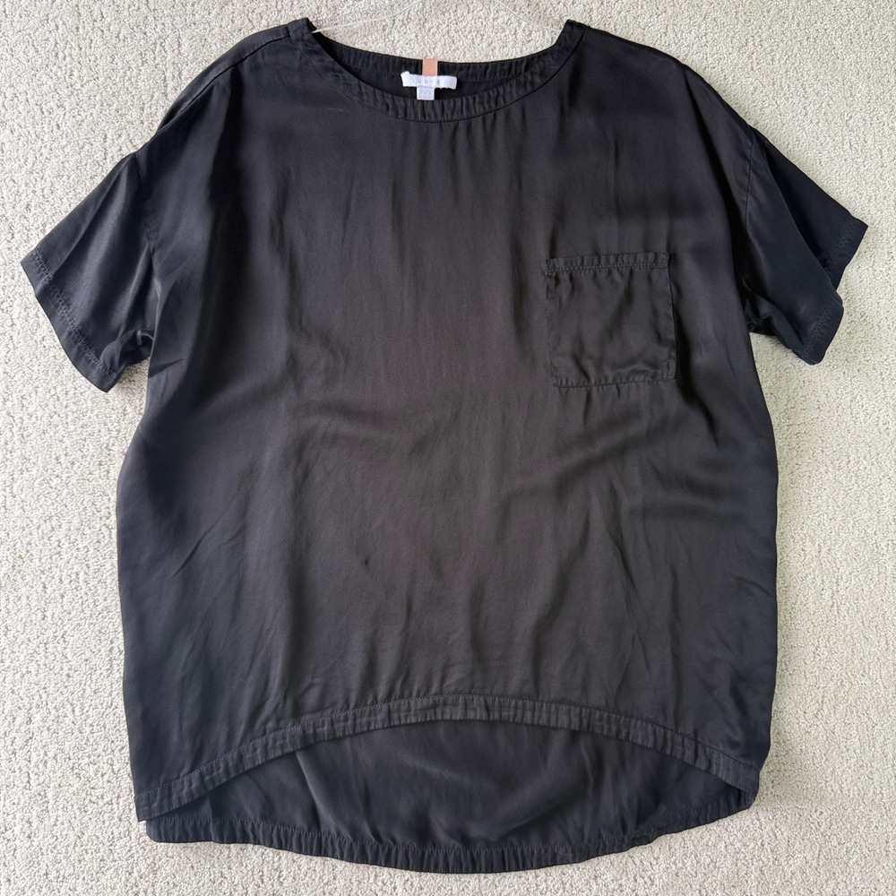 Lunya Washable Silk Tee Women XS/S Black Pocket Elastic High-Low Hem Top